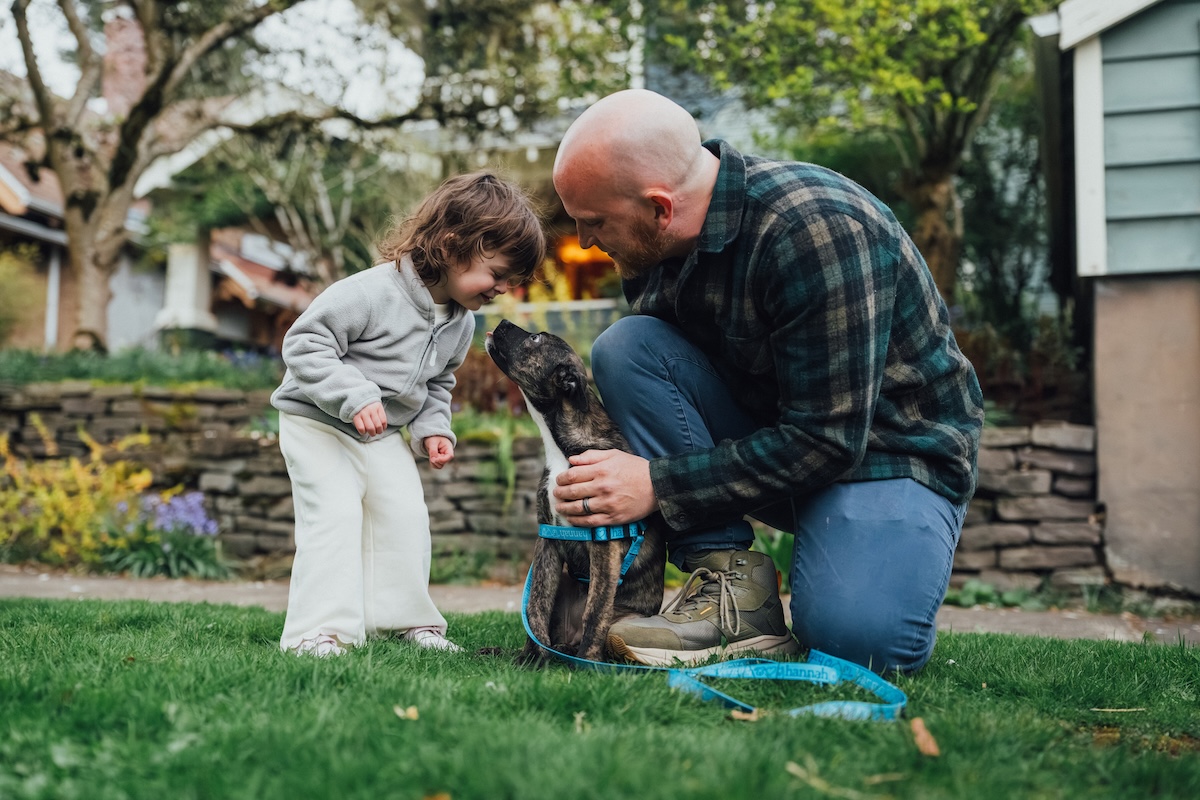 Un papá y su hija pequeña arrodillados en el pasto conociendo a su nuevo cachorro atigrado